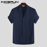 Medussa INCERUN เสื้อผ้าลินินแขนสั้นสำหรับผู้ชาย,เสื้อลำลองสีพื้นผ้าลินินสำหรับใส่ไปงานเลี้ยง (ผ้าฝ้ายลินิน)