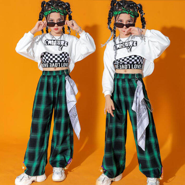 เด็ก-kpop-hip-hop-เสื้อผ้าสีขาว-crop-top-แขนยาว-t-เสื้อ-teestreetwear-checkered-กางเกงสำหรับสาวแจ๊สแดนซ์เครื่องแต่งกาย-clothes