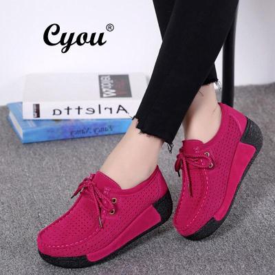 Cyou 2018ฤดูใบไม้ผลิผู้หญิงหนัง Suede Flats ผู้หญิงแพลตฟอร์มรองเท้าผ้าใบ Creepers Cutouts Lace Up Flats รองเท้าหนังนิ่ม Kasut Loofers Wanita