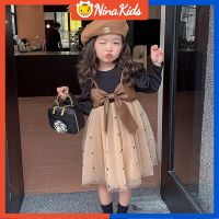 ชุดเดรสแขนยาว NINAKIDS สำหรับเด็กผู้หญิงโบว์ใหญ่สไตล์ฝรั่งเศสระดับไฮเอนด์ชุดเจ้าหญิง0-4ปี