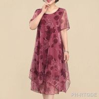 【LZ】✓▥►  2023 o pescoço vestidos de manga curta vintage floral impresso verão gaze emendado roupas femininas elegante irregular solto midi vestido