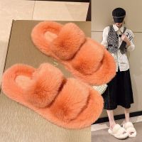 【AZAZ】✧ Candy slippers 2023 han edition of the new female peep-toe joker color word outside wear fashionable flat plush slippers at home