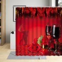 Romantic Valentines Day Shower Curtain Couples Red Rose Flower Wine Glass Butterfly Piano Keys Home Bathroom Waterproof Fabric