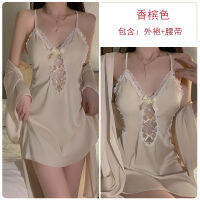 2023 Hot Underwear Satin See-Through Lace Plus Chest Pad Cross Backless Slim Nightdress Outerwear Gown Homewear Suit 3616