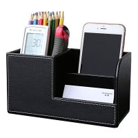 PU Leather Desk Stationery Box Organizer, Office Desktop Organizer พร้อมช่องเก็บของ3ช่องสำหรับเก็บปากกา/รีโมท