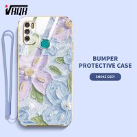 VRQR เคสโทรศัพท์สำหรับ Infinix Hot 9 Play X680 X680B X680C X655 X655B X655C สไตล์ภาพวาดภาพสีน้ำมันลายดอกไม้กรอบเคสนิ่มเคลือบอิเล็คโทรเพลทแบนพร้อมฟรีสายคล้อง