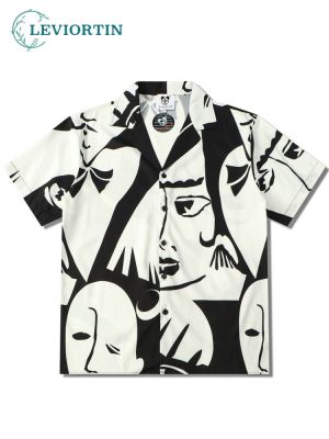 ZZOOI Hawaiian Mens Abstract Face All Over Print Street Short Sleeve Shirts Vintage Harajuku Oversized Streetwear Men Top Shirts
