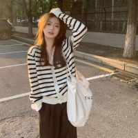 ❅◎✹ [PAN] Stripe Knitted Cardigan Womens Autumn Loose Outwear Thin Sweater Coat Short V-Neck Long Sleeve Top