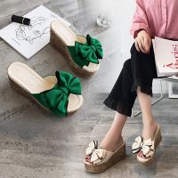 Wedge Slippers Womens 2023 Summer New Korean Style Bowknot Sandals Womens High Heel Beach Shoes Slippers Women