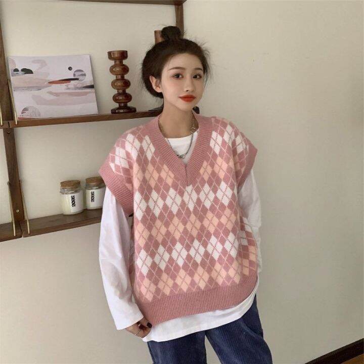 COD ☜ ynzr566 Women's pink plaid retro sweater vest new loose fashion outer  wear knitted vest | Lazada PH