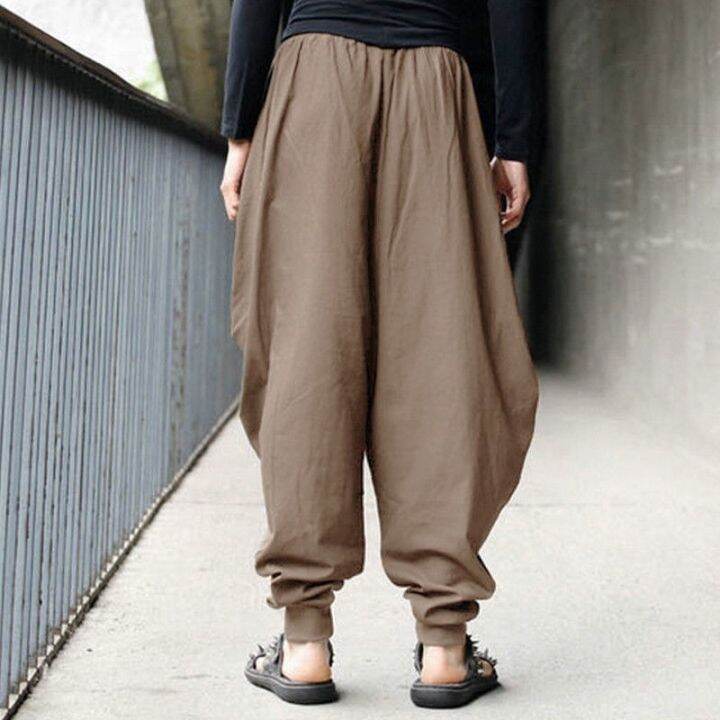 codtianjia6731-men-loose-long-plain-pure-yoga-wide-leg-harem-drop-crotch-baggy-trousers-pants