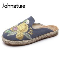 Johnature Canvas Shoes Floral New Summer Outside Embroider Flat With Slides Totem National Style Slippers Women Shoes Sandals