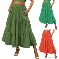 【LZ】❂  Verão boho cintura elástica saias plissadas para mulher mais tamanho a linha flowy balanço em camadas vestido de saia longa com bolsos y2k roupas