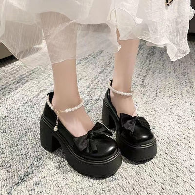 Royallovers ✨（ส่งจากไทย）✨Mary Jane รองเท้าหนังแฟชั่นใหม่ของผู้หญิงส้นสูงหนากับรองเท้ากุทัณฑ์รองเท้าตกแต่งไข่มุกโบว์