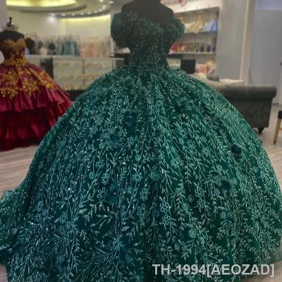 ✆♠✱ AEOZAD Vestido de Quinceanera Crystal Doce 16 Vestidos Festa 3DFlower Applique Esmeralda Brilhante Brilhante