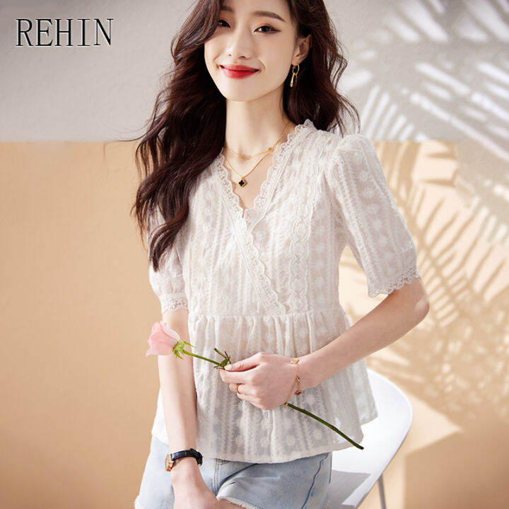 rehin-เสื้อเชิ้ตแขนสั้นคอวีของผู้หญิง-เสื้อเบลาส์ลูกไม้หรูหราเวอร์ชันเกาหลีสีพื้นใหม่ฤดูร้อน