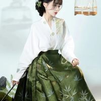 กระโปรง Hanfu เครื่องแต่งกายสไตล์จีนราชวงศ์หมิงแบบดั้งเดิมกระโปรงหน้าม้าทอสีทองกระโปรงเสื้อกั๊กชุดเดรสแบบจีน