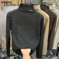 Women Striped T-shirts Large Size S-3XL Long Sleeve Plus Velvet Warm Tees Casual Classic Undershirt Turtleneck Tops Female Chic