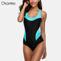 Charmo One Piece Women Sports Swimwear Color Block Sports Swimsuit Patchwork Beachwear Bathing Suit Padded Monikini Body Suit