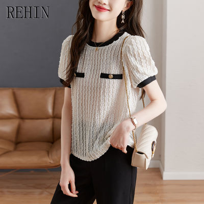 REHIN เสื้อสตรีคอกลมใหม่2023ฤดูร้อน,เสื้อลายลูกไม้ฉบับภาษาเกาหลีแบบสวมหัวแขนสั้นเรียบง่ายและมีสไตล์