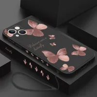 {L electronic shell} เคสโทรศัพท์ผีเสื้อสำหรับ iPhone 14 Pro Max 11 12 13 Pro Max 14Pro Max 13Pro 14 Plus ฝาหลังเคสดอกไม้เหลวพร้อมเชือกเส้นเล็ก