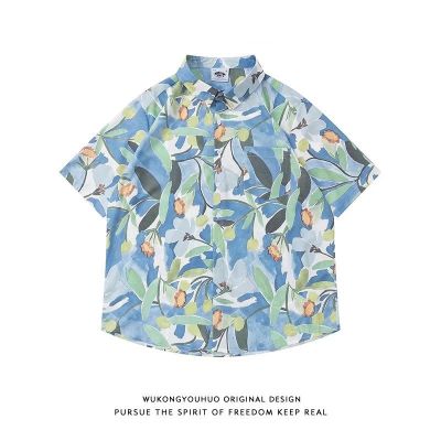 [Free ship] Wukong is stock retro floral print short-sleeved mens tide brand street oversize casual