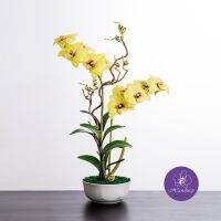 แนะนำ ? HANDITOP แจกันดอกไม้ปลอม กล้วยไม้เดนโดรเบียม DENDROBIUM1 สีเหลือง ในภาชนะเซรามิค สินค้าพรีเมี่ยมเกรด