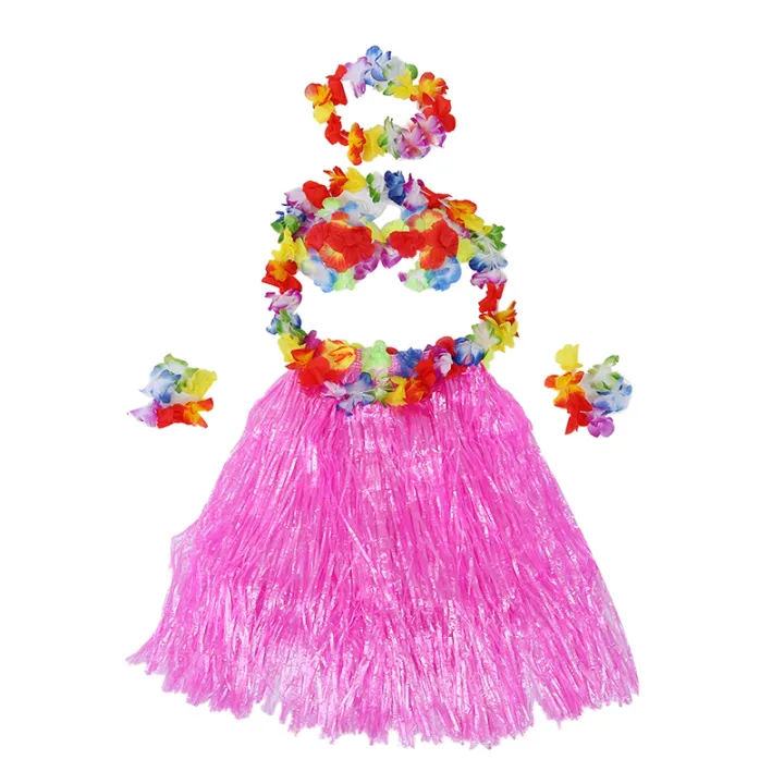 6 Set Hawaiian Grass Skirt Flower Hula Lei Wristband Garland Fancy Dress Costume Lazada Ph