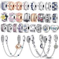 ☃ Sparkling Family Safety Chain Stopper Buckle Clip Spacer Charms Silver 925 Fit Pandora Charms Bracelet Jewelry DIY Quality Gift