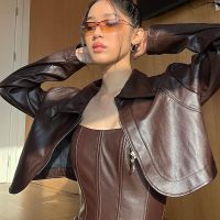 [COD] Faux Leather Crop Jacket Streetwear Punk Womens Sleeve Turn-Down Short Coat Female Y2k Outerwear