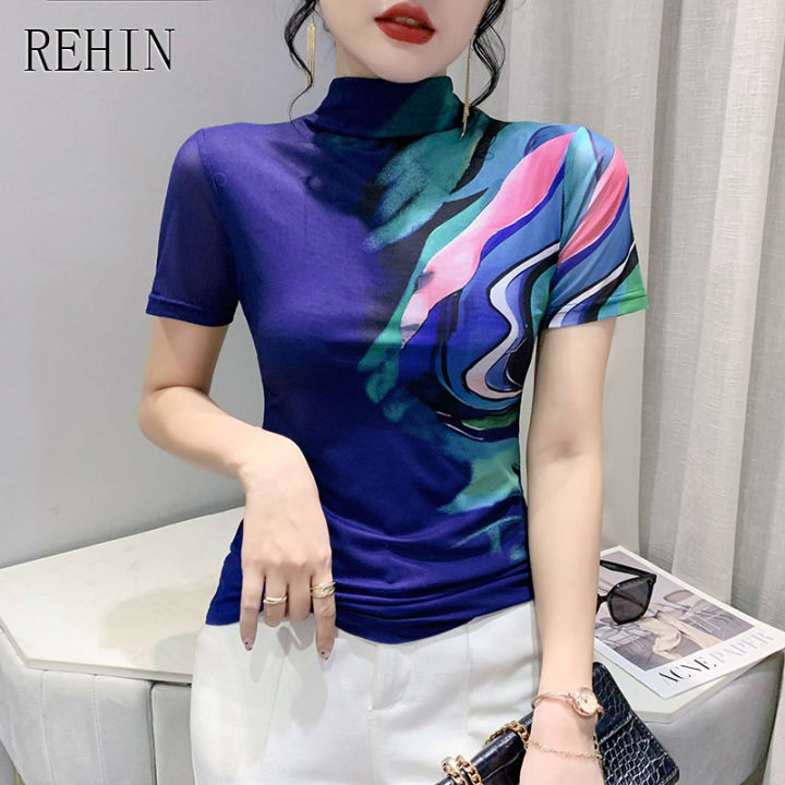 rehin-ผู้หญิงแขนสั้นเสื้อยืดคอสูงเสือดาวพิมพ์-slim-s-3xl-ตาข่ายเสื้อ-elegant