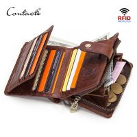 CONTACTS Genuine Leather RFID Vintage Wallet Men With Coin Pocket Short Wallets Small Zipper Walet With Card Holders Man Purse