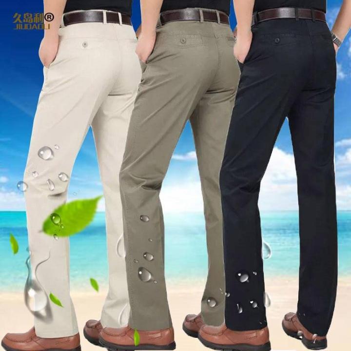 กางเกงชุดทำงานทางการสำหรับผู้ชายกางเกงชุดแต่งงานเจ้าบ่าวผ้าฝ้ายสีกากีสีทึบ-celana-setelan-celana-setelan-แฟชั่นบูติกใหม่2019