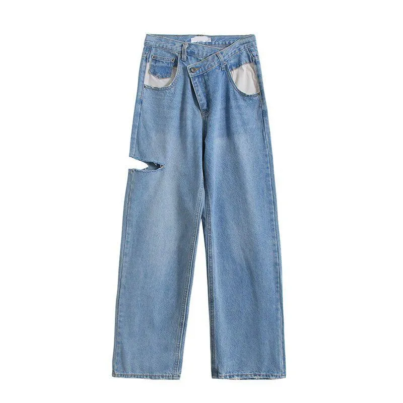 S-5XL Women Jeans Ripped Hole Wide Leg Loose Spring Summer Autumn Fashion  Casual Plus Size Straight Denim Pants Streetwear Blue