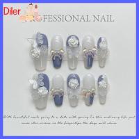 DILER 10ชิ้น XS M L เล็บปลอมคู่มือบริสุทธิ์พร้อมกล่องเครื่องมือกดเย็บสีบนเล็บที่ถอดออกได้คลุมทั้งหมดเล็บปลอมรูปผีเสื้อ Camellia ผู้หญิง