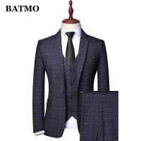 BATMO 2021 new arrival spring plaid casual suits men,mens wedding dress,jackets+pants+vest 9202