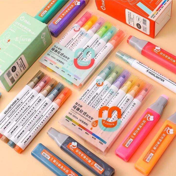 Refillable Highlighter 6 แท่ง ปากกาไฮไลท์หลากสี ปากกาเน้นข้อความสี