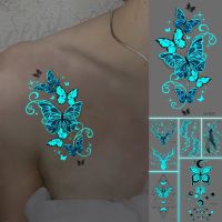 Luminous Stickers Body Tattoos Waterproof Temporary Glitter Tattoo For Adults Kids Butterfly Flower Shoulder Body Tattoo Blue Glow in the Dark Party Tattoo