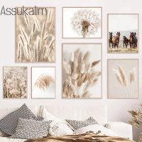 Beige Scenery Wall Art Dried Grass Flower Dandelion Canvas Poster Nordic Wall Posters Horse Print Pictures Living Room Decor