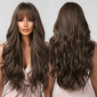 Brown Wavy Wigs for Women with Bangs Long Natural Synthetic Hair Wig Daily Cosplay Heat Resistant