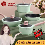 Bộ Nồi chảo vân đá, bộ nồi chống dính cao cấp - Size đáy từ 20-24cm