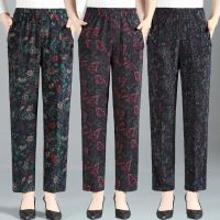 【มีไซส์ใหญ่】Plus Size Womens XL-4XL Elastic Waist Slim Spring Summer Pants Ladies Vintage Floral Printed Female Trousers