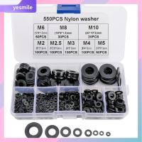 YESMILE 550Pcs สีดำสีดำ เครื่องซักผ้าไนลอน M2 M2.5 M3 M4 M5 M6 M8 M10 ขนาด8นิ้ว แหวนรองเมตริก ที่มีคุณภาพสูง ชุดแยกประเภทเครื่องซักผ้าแบน การเชื่อมต่อไฟฟ้า