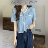 QXshop คอลเลคชั่นใหม่(ใหม่) เสื้อเชิ้ตแขนสั้น เสื้อผ้าผู้หญิงคอวี ดีไซน์เกาหลีเกาใจมากๆ แต่งกระดุกหน้าเรียบแต่หรูมากๆแม่ สาวๆไม่ควรพลาดอย