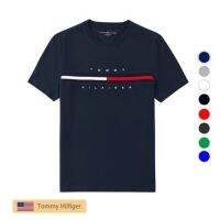 กล่องดนตรีอโรม่า✁Tommy Hilfiger ของแท้ใหม่ชายรอบคอเสื้อยืดหน้าอกเย็บปักถักร้อยโลโก้สีจับคู่แขนสั้นผ้าฝ้ายเสื้อ