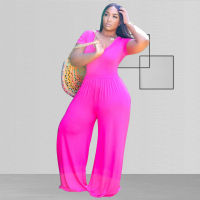 X-5XL plus size jumpsuit summer  women clothing fashion loose solid short sleeve round neck wide leg rompers wholesale