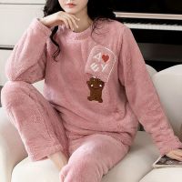 2022 Autumn Winter Pajamas Set Women Sleep Shirt Pant Set Sleepwear Warm Flannel Nightgown Female Cartoon Bear Animal Pijamas