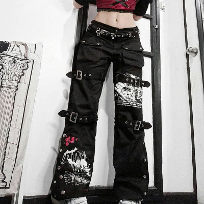 Y2K Punk Skull Print Black Buckle Pants Harajuku High Waist Big Pocket Trousers Goth Mall Grunge Cargo Pants Techwear