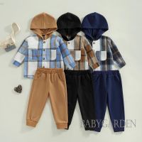 Babygarden ชุดเสื้อผ้าเด็กผู้ชาย แขนยาว มีฮู้ด พิมพ์ลายสก๊อต และกางเกงขายาว สีพื้น แฟชั่นฤดูใบไม้ร่วง สําหรับเด็กผู้ชาย อายุ 1-6 ปี