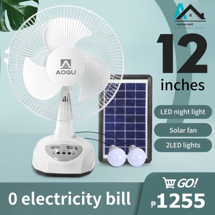 Solar Electric Fan 12 Inch Rechargeable 2 Led Lights 220v Ac Desktop Electric Fan Outdoor Fan 5584